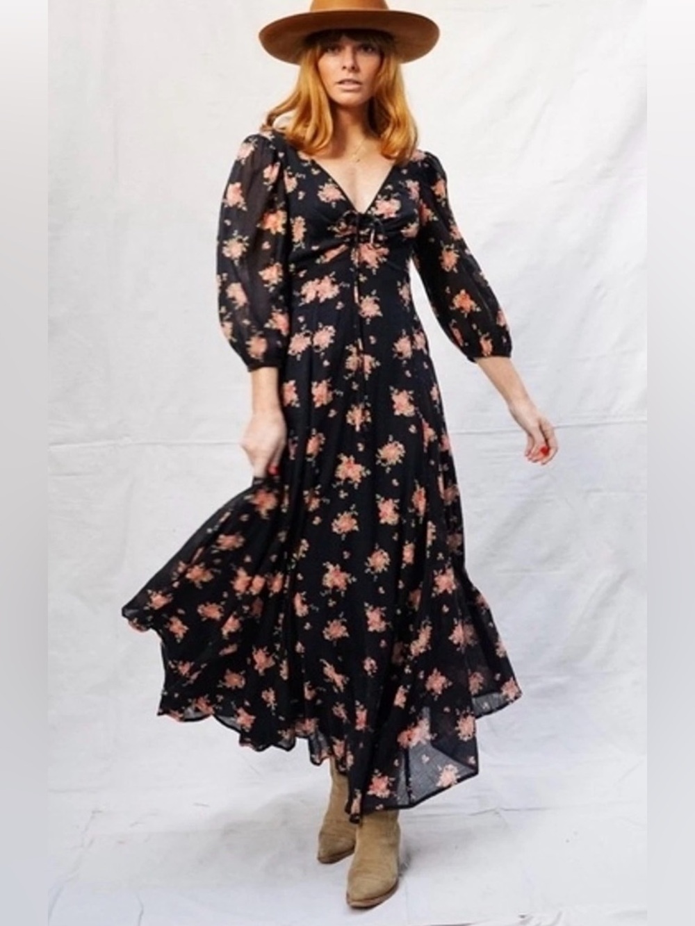 Free People Sea Glass Black Floral Maxi Dress Sz 8 Cottagecore Whimsigoth Boho